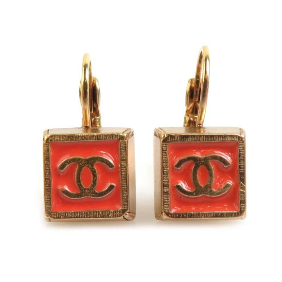 Auth CHANEL CC Logo Pierce Earrings Gold/Orange Metal/Enamel